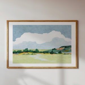 Green Pasture watercolor landscape art print, peaceful wall art, modern contemporary artwork, vibrant cheerful wall art