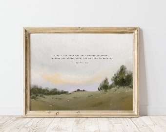 Christian wall art Christian gift impressionist vintage Landscape with Scripture Psalm 4 Bible verse landscape art "Peace and Safety"