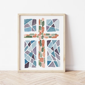 Watercolor Stained Glass Cross Art Print: Christian Home Decor