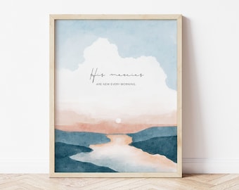 His mercies WATERCOLOR design LANDSCAPE art print Landscape with Scripture art Christian wall art | Contemporary Modern Christian art