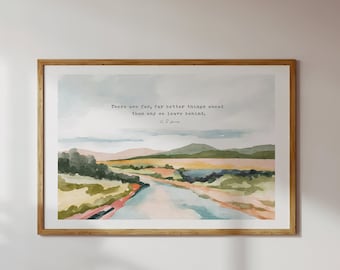 C S LEWIS far far better things ahead watercolor design art print, Christian wall decor Christian art gifts LANDSCAPE with SCRIPTURE