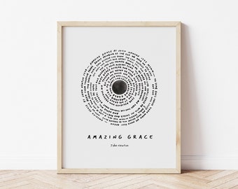 Amazing Grace lyrics vintage record player art print Christian wall art unique gift Christian art print Scripture wall Bible art