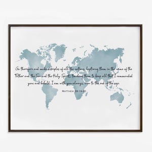 Blue World Map Christian Wall Decor with Bible Verse Matthew 28 19-20 Art Print