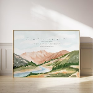 Psalm 23 Christian Wall Art Print: Watercolor Mountain Landscape