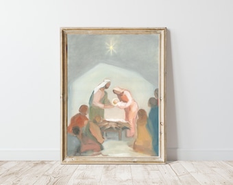 Christian Nativity Christmas Art Print, Holy Family and Shepherds (Christmas Decor)