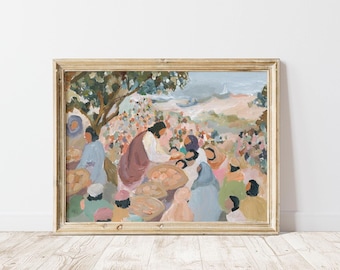 Bible Story Art Print: Jesus Feeding 5,000 Gospel Scene Art