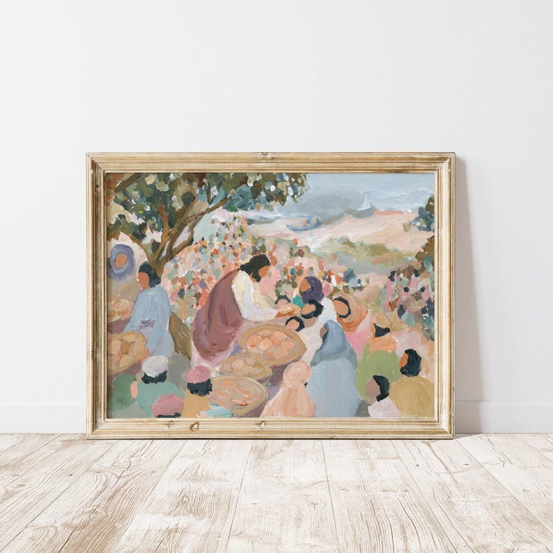 Bible Story Art Print: Jesus Feeding 5,000 Gospel Scene Art