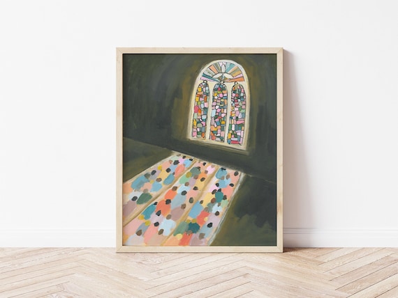 Church Wall Art Print: Colorful Stained Glass Reflection- Inspirational Christian Art