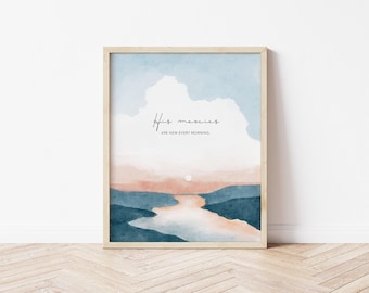 Christian Watercolor Landscape Art Print, Scripture Art Lamentations 3:22-23