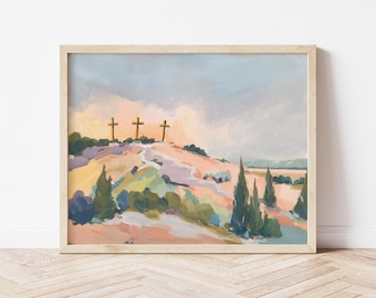 Easter Art Three Crosses Christian Wall Decor: Vibrant Print of Hope