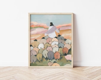 Christian Wall Art of Jesus leading the Sheep - Shepherd and Sheep Art