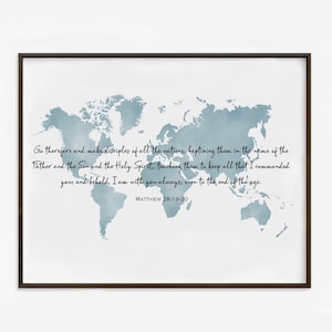 Matteüs 28:19-20 grote blauwe wereldkaart giclée kunstprint 16 "x 20", christelijke muurkunst, afdrukbare kunst, kunstprint, christelijk interieur