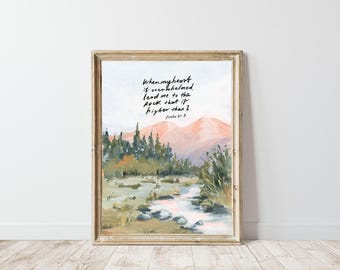 Christian Art Print - Bible Verse Psalm 61:2 with Mountain and River Landscape