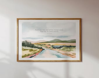 Christian Wall Art C S Lewis Quote Print: Watercolor Landscape of Mountain and River