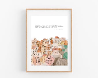 Inspirational Christian Wall Art, Manarola Watercolor (C.S. Lewis Quote)