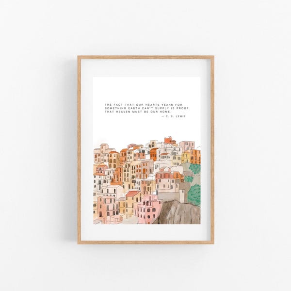 Inspirational Christian Wall Art, Manarola Watercolor (C.S. Lewis Quote)