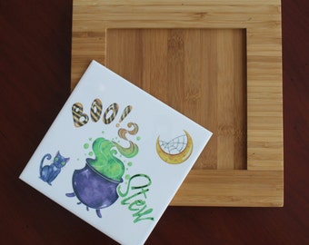 trivet, holiday trivet, ceramic tile, boo stew, halloween, trivet with frame, kitchen, dining room, table, heat pressed, unique design