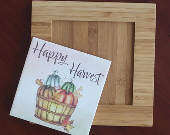 trivet, holiday trivet, ceramic tile, happy harvest, thanksgiving, autumn, fall, harvest, kitchen, dining room, heat pressed, unique design