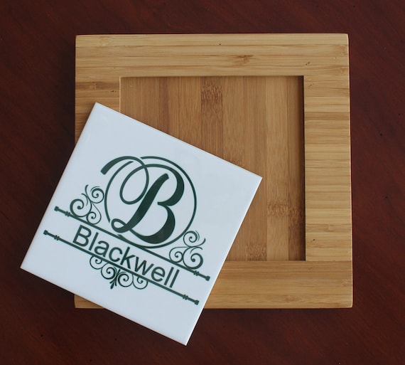 trivet, personalized trivet, ceramic tile, monogram trivet, trivet with frame, kitchen, dining room, table, heat pressed, unique design