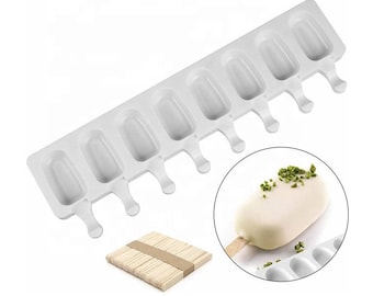 8 CAVITY MINI SIZE Cakesicle / Ice-cream Silicone Super Soft Mold with 50 Wooden Sticks. Cavity size: 2.75×1.45×0.59 inch (LxWxH)