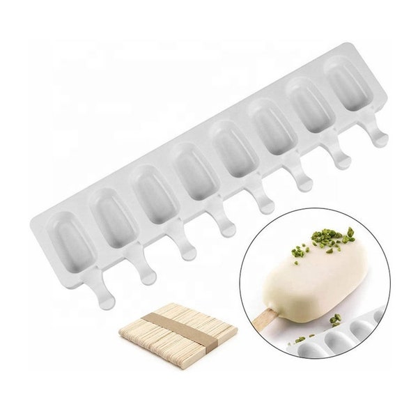 8 CAVITY MINI SIZE Cakesicle / Ice-cream Silicone Super Soft Mold with 50 Wooden Sticks (Mini Size)