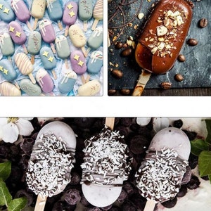 May include: Assortment of colorful popsicles with various toppings, including sprinkles, chocolate, and coconut flakes. The popsicles are on a variety of surfaces, including a blue background, a dark brown surface, and a surface with blueberries.