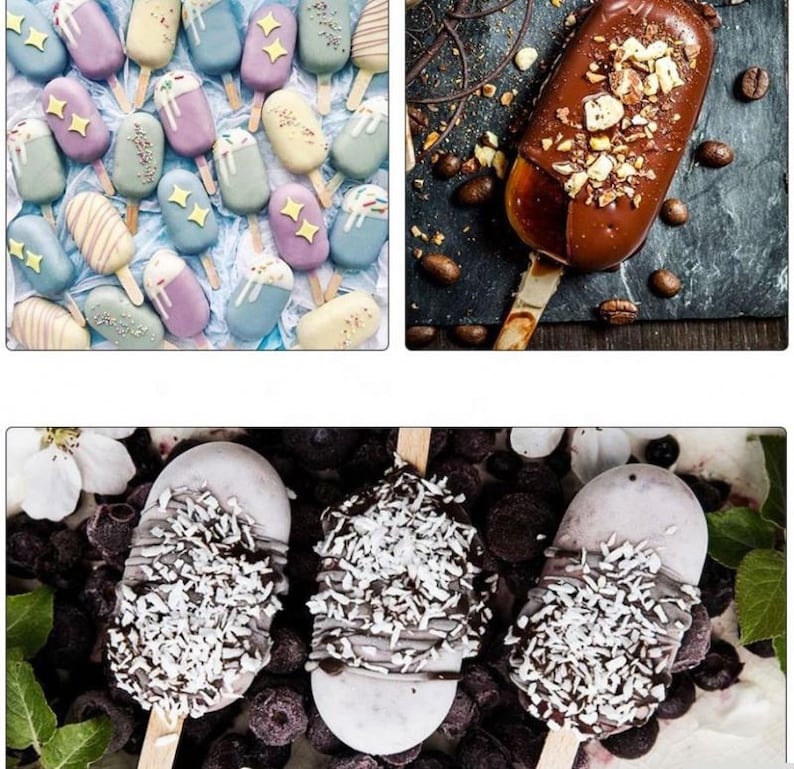 May include: Assortment of colorful popsicles with various toppings, including sprinkles, chocolate, and coconut flakes. The popsicles are on a variety of surfaces, including a blue background, a dark brown surface, and a surface with blueberries.