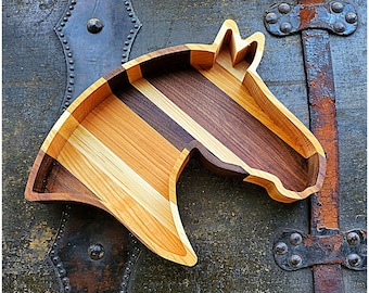 Horse Shaped Wood Tray | Equestrian Gift | Barn Friend Present | Handmade Maple Walnut Cherry | Horse Lover Decor | Rustic Catch-All Dish