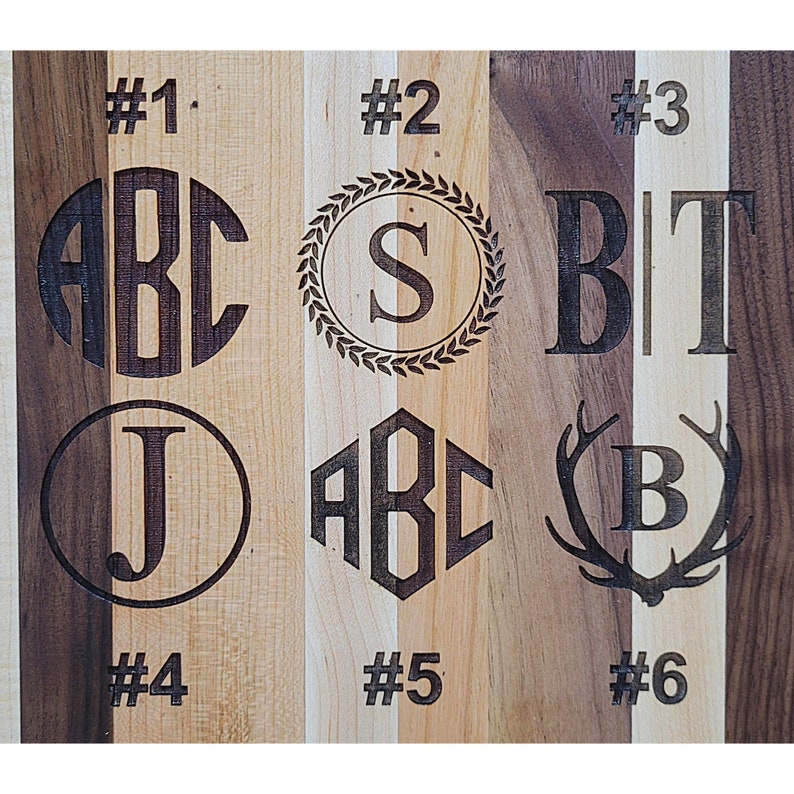 Pu&ograve; includere: Sei diversi tagliere in legno con vari disegni incisi. I disegni includono iniziali, monogrammi e un palco di cervo con una lettera all'interno. I taglieri sono numerati da 1 a 6.