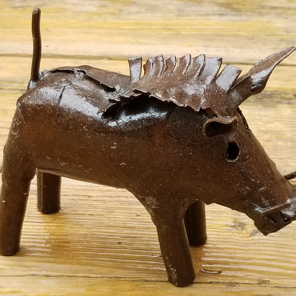 Rustic Metal Warthog Sculptures, Handcrafted in Zimbabwe from Recycled Steel, 5-inch Long African Warthog Decor - Hand Made Metal Art