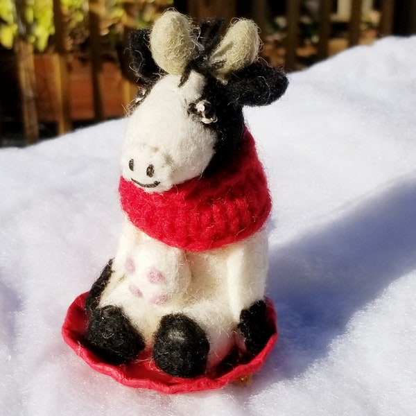 Hand Felted Sledding Cow Christmas Ornament,  Holstein Cow Farmer Gift, Fair Trade Nepal Gift, Winter Cow on a Sled