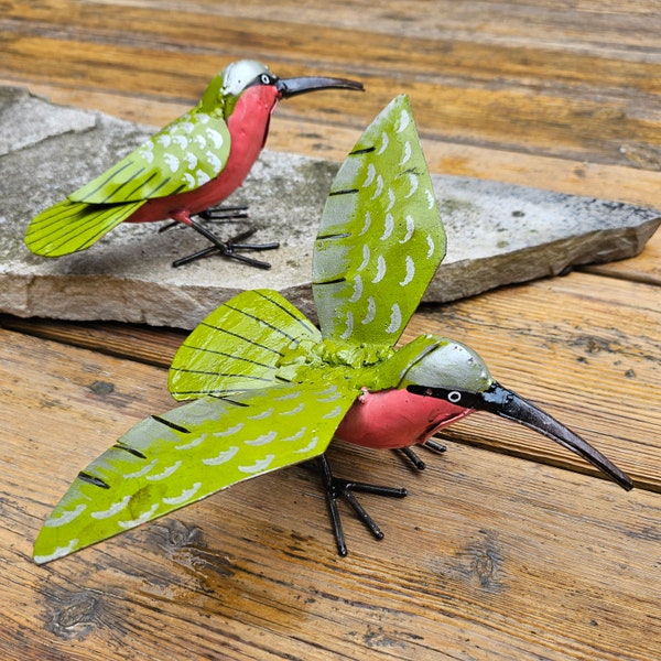 Handcrafted Recycled Steel Hummingbird - Vibrant Green Wings, Pink Body, Long Beak - Exquisite Metal Sculpture - Handmade in Zimbabwe