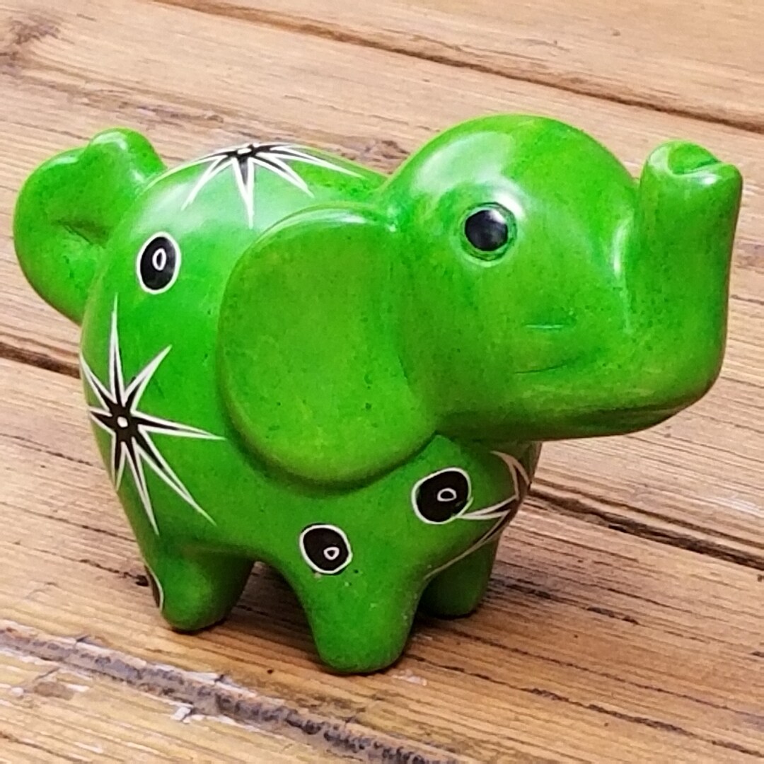 Hand Carved Green Soapstone Elephant Figurine With Trunk Up Etsy