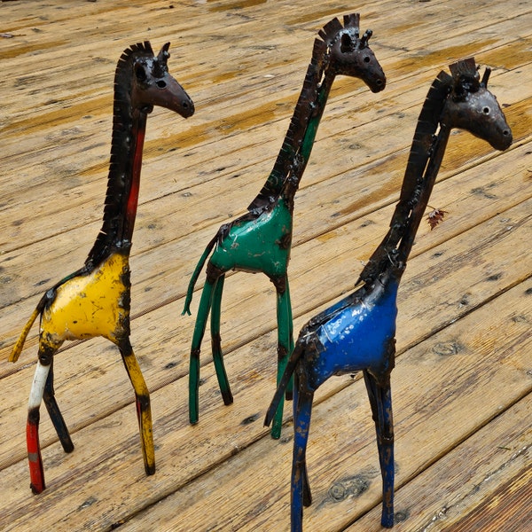 Handcrafted Metal Giraffe: 15" Tall, Slim Design, Recycled Steel Décor with Vibrant Accents, Made by Zimbabwean Artisan