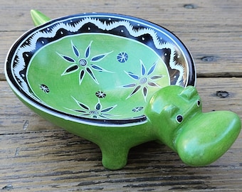 Green Soapstone Hippo Bowl (7"),  Hand Carved Stone Green Hippo Jewelry Holder, Green Decor for Hippo Lover, Green Hippo Trinket Dish
