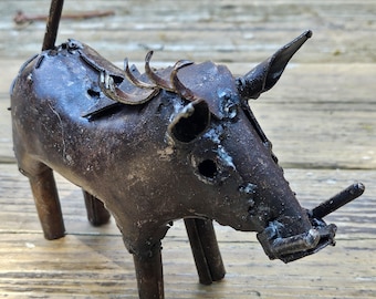 Rustic Metal Warthog Sculptures, Handcrafted in Zimbabwe from Recycled Steel, 5-inch Long African Warthog Decor - Hand Made Metal Art