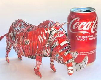 Pop Can Rhinos Made In Zimbabwe, Upcycled Aluminum Can Art, Recycled Rhinoceros Sculpture Made From Aluminum Cans, Pop Can Collector Gifts