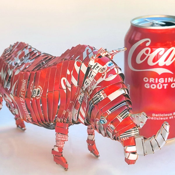 Pop Can Rhinos Made In Zimbabwe, Upcycled Aluminum Can Art, Recycled Rhinoceros Sculpture Made From Aluminum Cans, Pop Can Collector Gifts