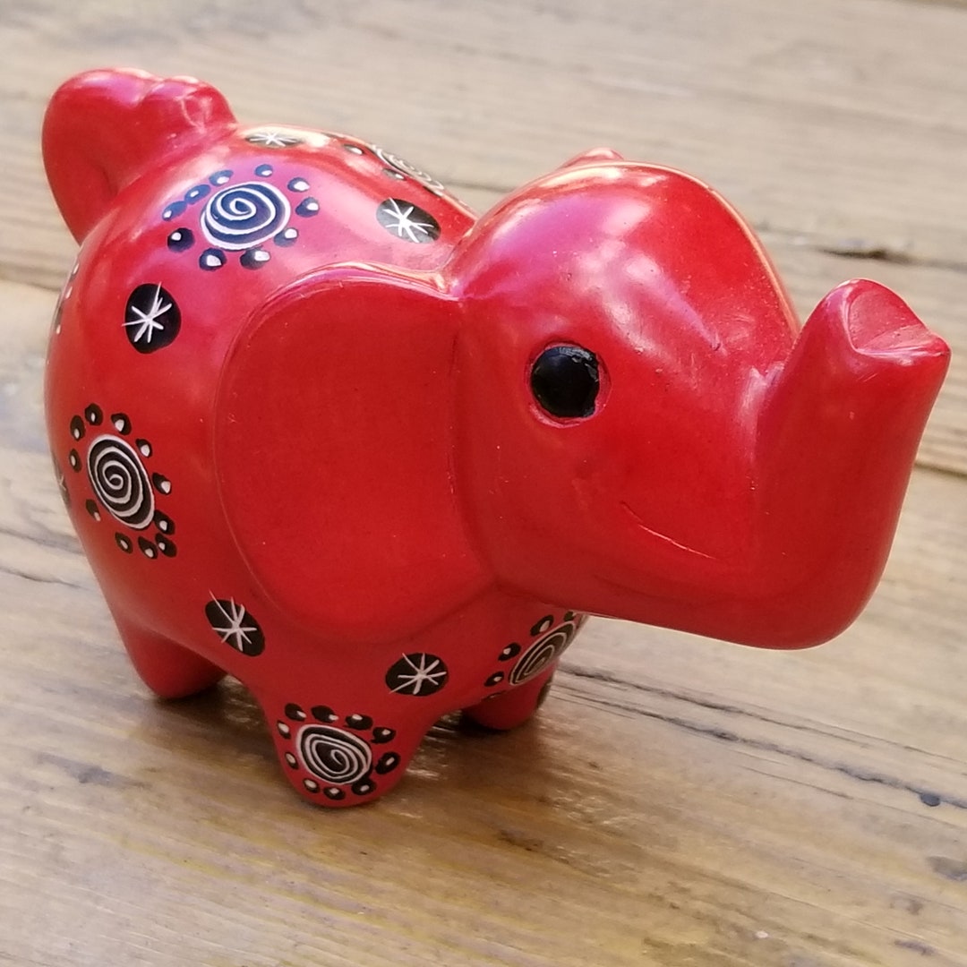 Hand Carved Red Soapstone Elephant Figurine With Trunk Up, Elephant