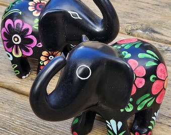 Black Soapstone Elephant with Colorful Flowers Pattern,  Colorful Floral Design Elephant, Fair Trade Hand Carved Gift for Elephant Lovers