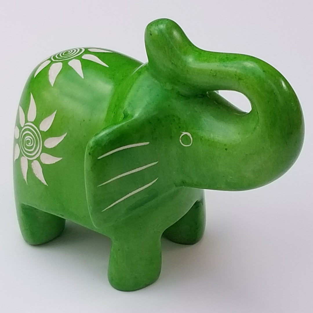 Hand Carved Green Soapstone Elephant Figurine With Trunk Up Etsy