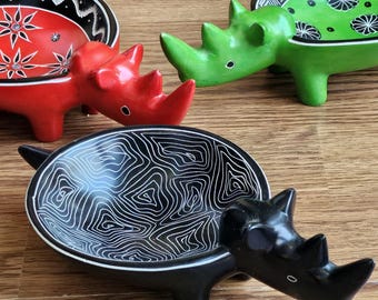 Rhino Dishes - Carved from Soapstone and shaped like Rhinos with Legs - Made in Kenya - Rhino Bowls with Legs Carved from Stone