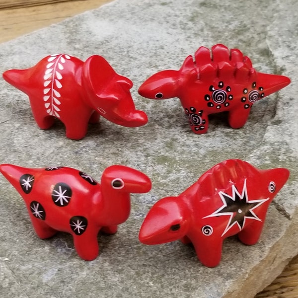 Red Soapstone Miniature Dinosaurs: Hand-carved Kisii Stone Figurines, Brontosaurus, Stegosaurus, Triceratops, Spinosaurus Styles