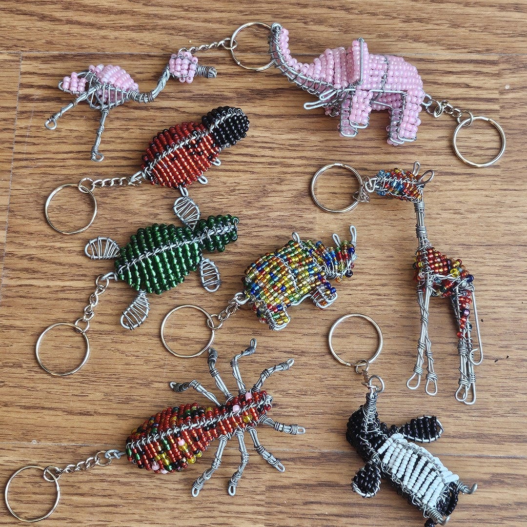 African Beaded Animal Keychain, Handmade 3D Beaded Animal Keyring ...