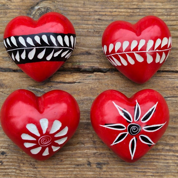 1.5"  Red Soapstone Patterned Hearts , Engraved Stone Heart Decoration, Hand Crafted Gifts, Fair Trade Kenya