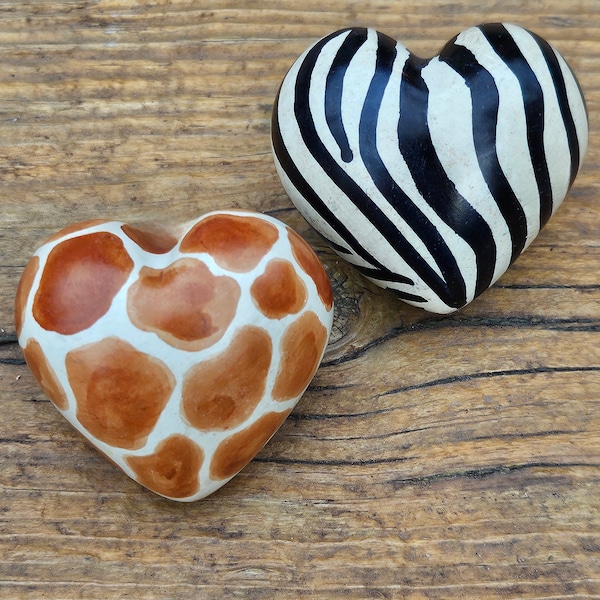 1.5" stone hearts carved from soapstone - Giraffe Pattern Heart - Zebra Stripes Heart - Stone Heart With Colors and Patterns
