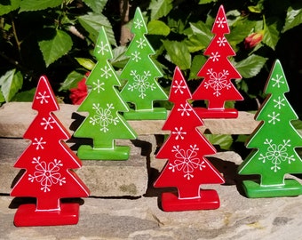 Christmas Tree Soapstone Decor, Stone Christmas Tree Figurine, Red and Green Christmas Tree, Snowflake Design on Stone Tree, Hostess Gift