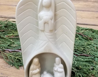 Natural Soapstone Angel with inset 3-piece Nativity Set with Mary, Joseph & Baby Jesus, Stone Christmas Nativity Scene, Angel Lover Gift