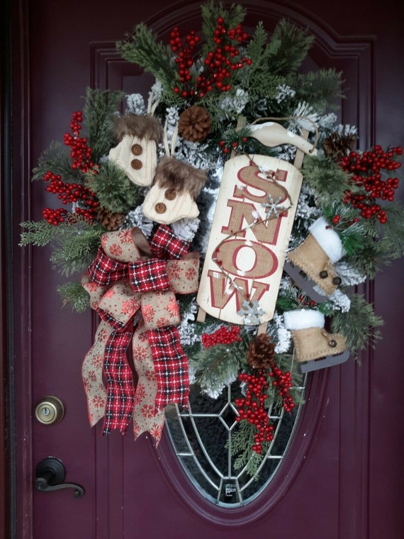 Santa Door Wreath Christmas Sleigh Woodsy Decor Winter Holiday