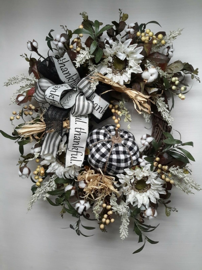 Fall Wreath Farmhouse Autumn Decor White Sunflower Country Style Thanksgiving